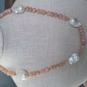 Peach Moonstone & Baroque Pearls  Beaded Necklace, Genuine, 20+2", New